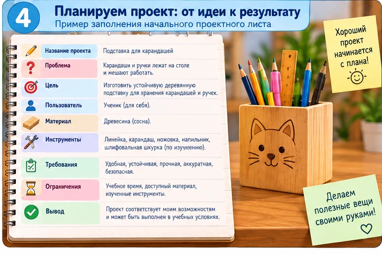Пример начального проектного листа: проблема, цель, изделие, ресурсы, требования и вывод