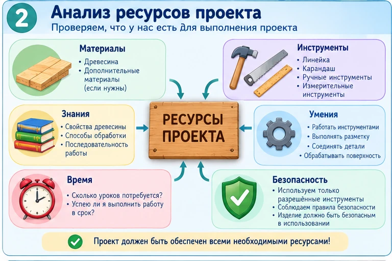 Учебная схема анализа ресурсов проекта: материалы, инструменты, знания, время и безопасность
