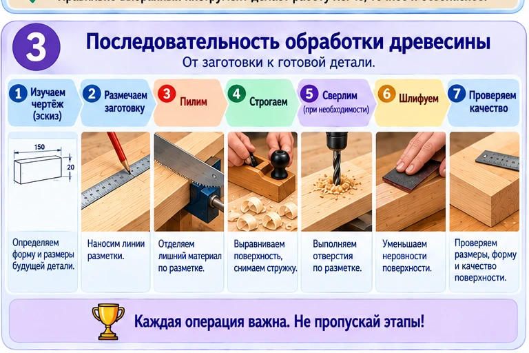 Последовательность ручной обработки древесины от разметки до шлифования и контроля