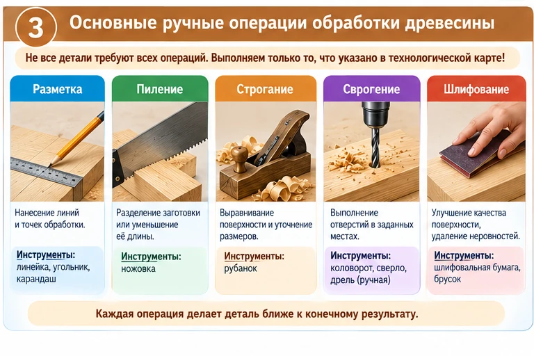 Основные ручные операции изготовления детали из древесины: пиление, строгание, сверление и шлифование