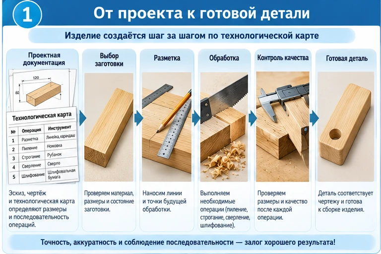 Последовательность выполнения проекта из древесины по технологической карте от заготовки до готовой детали