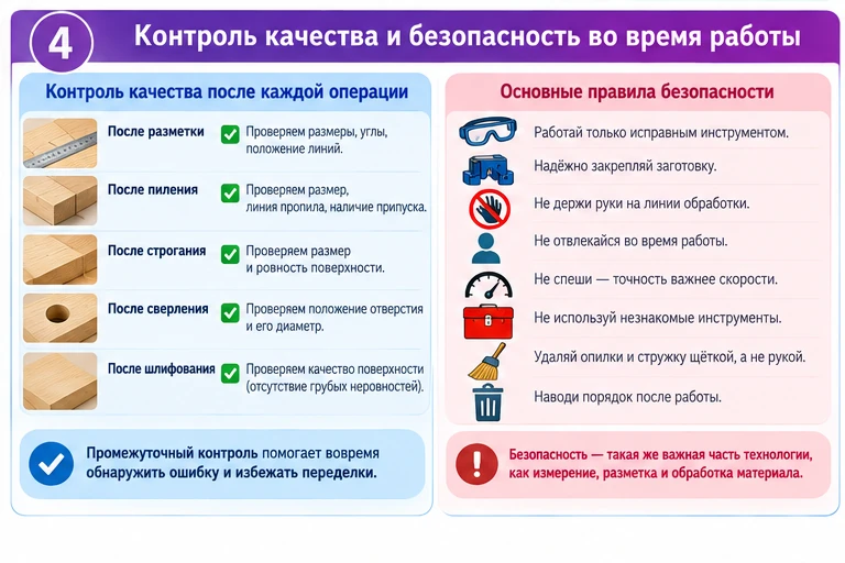 Контроль качества и правила безопасности на основных этапах выполнения проекта из древесины