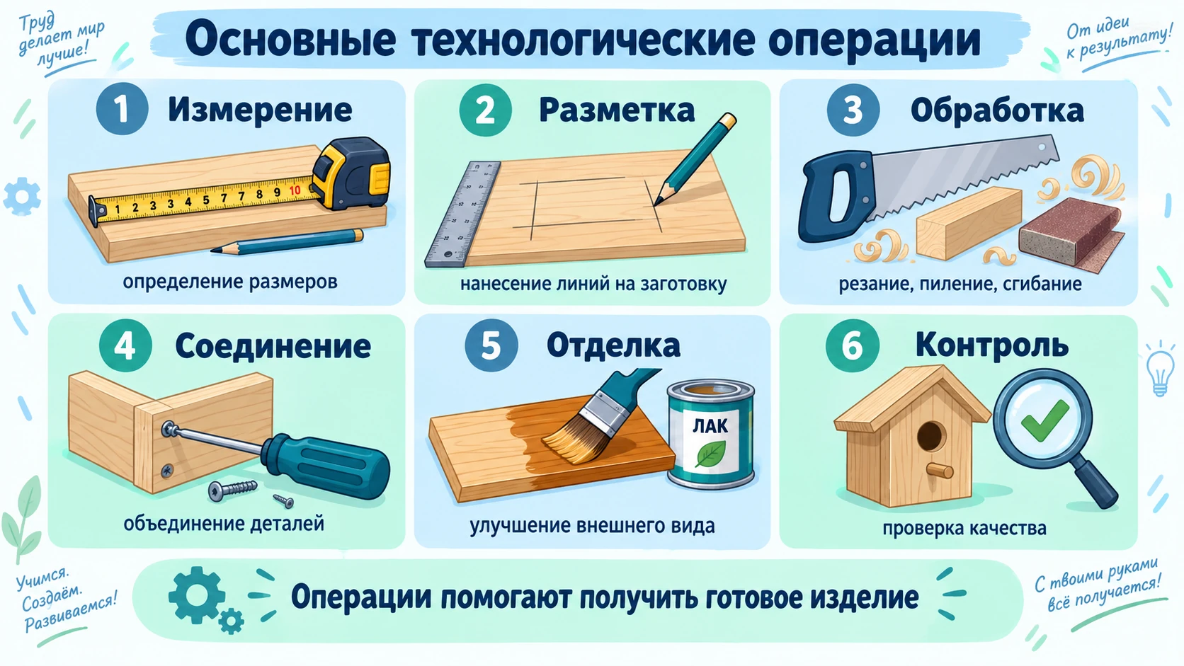 Основные технологические операции: измерение, разметка, обработка, соединение, отделка и контроль