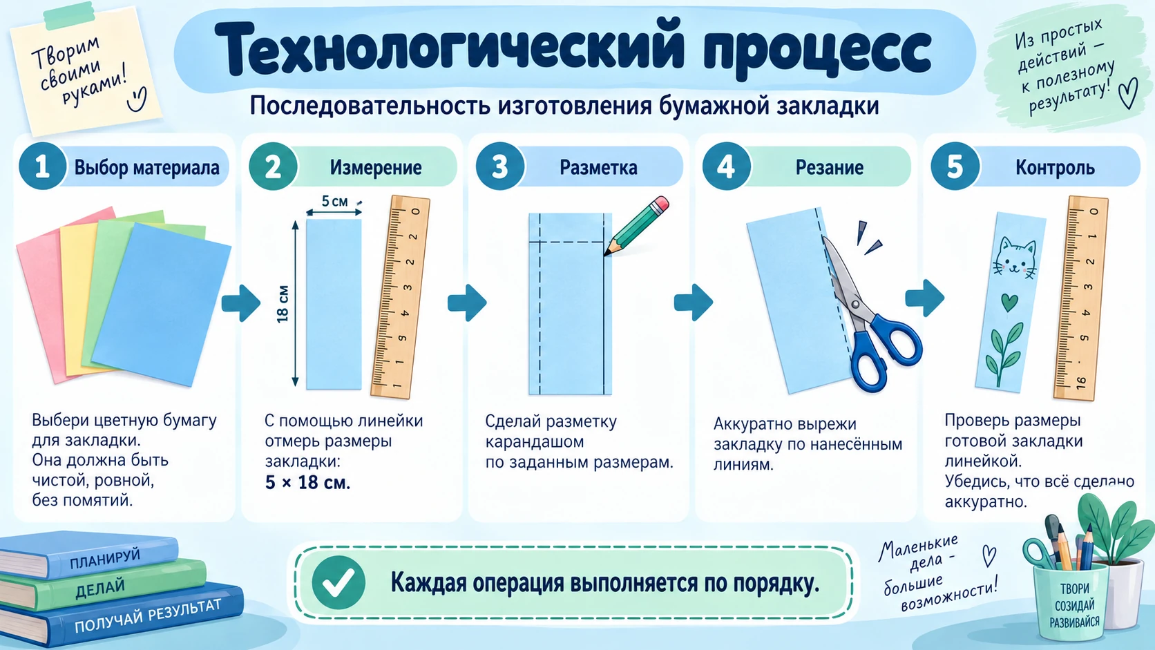 Технологический процесс изготовления бумажной закладки: выбор материала, измерение, разметка, резание и контроль