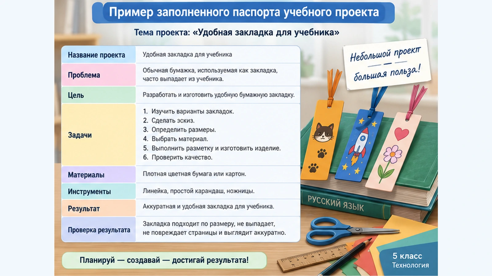 Пример заполненного паспорта учебного проекта Закладка для учебника