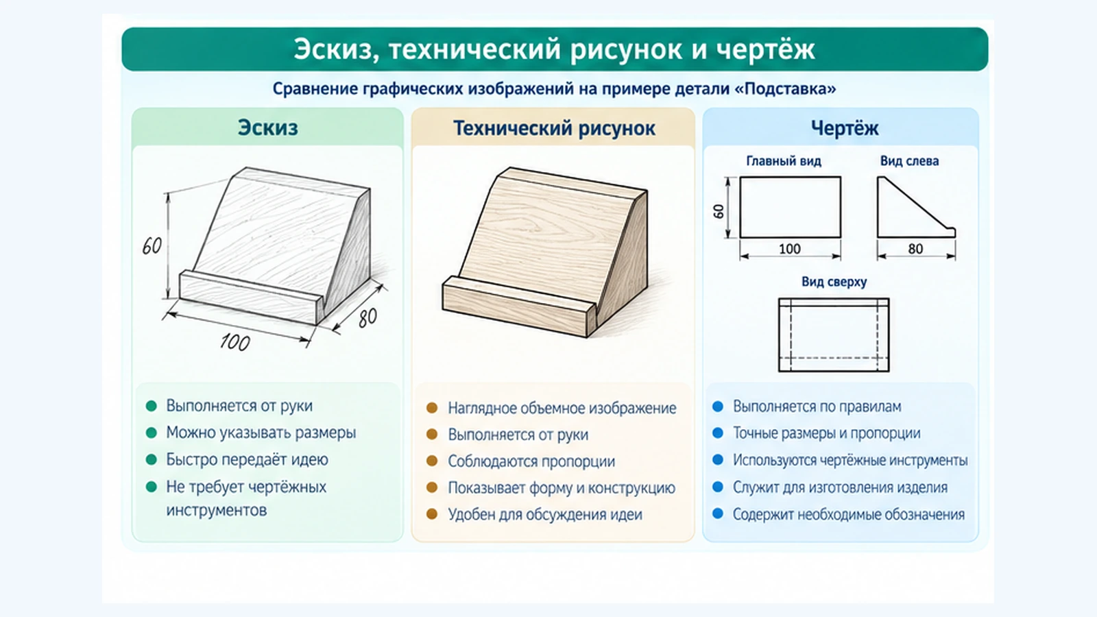 Сравнение эскиза, технического рисунка и чертежа одного изделия