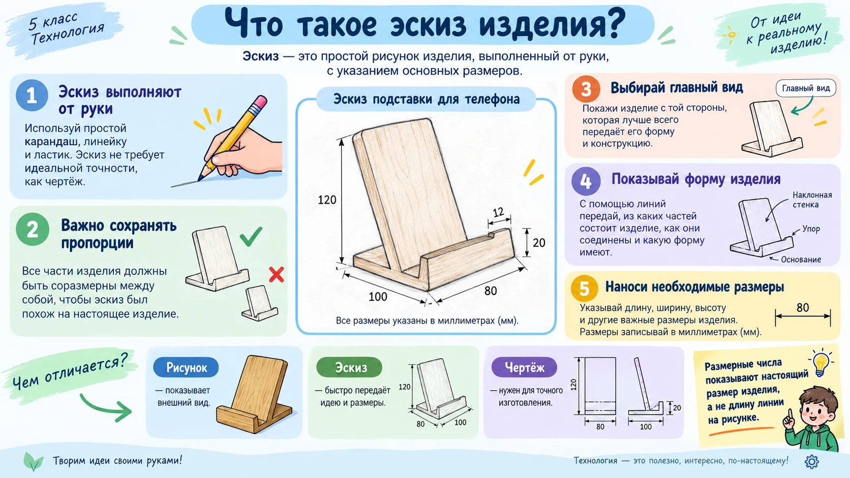 Основные правила выполнения эскиза изделия: главный вид, пропорции, линии и размеры