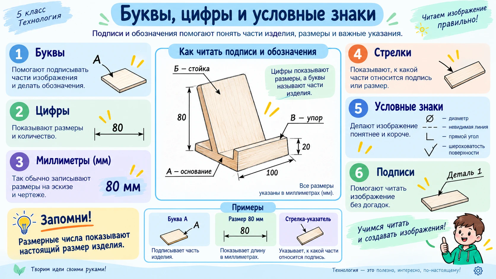 Буквы, цифры, размерные числа и условные знаки на графическом изображении
