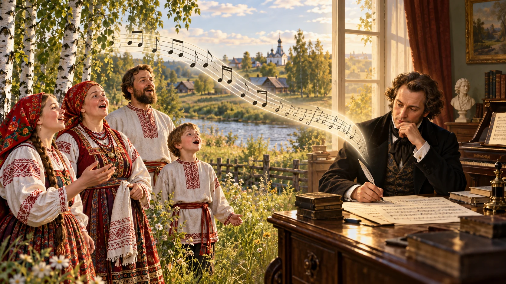 Народные исполнители и композитор, использующий народную мелодию в профессиональном произведении