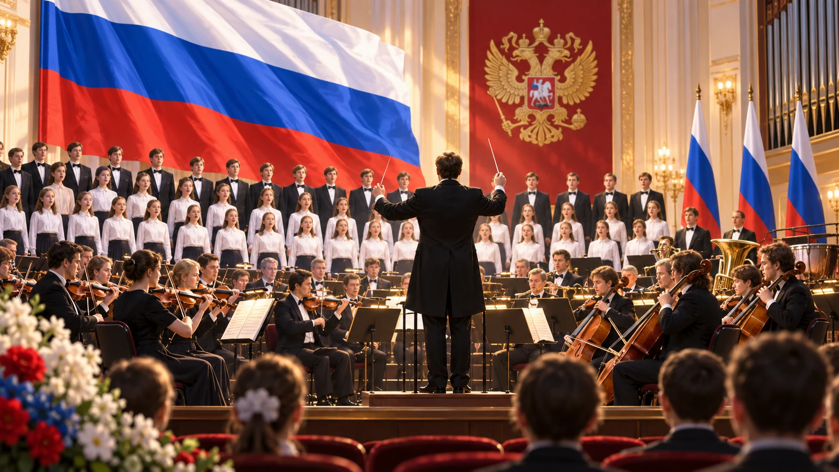 Хор и симфонический оркестр исполняют Государственный гимн Российской Федерации