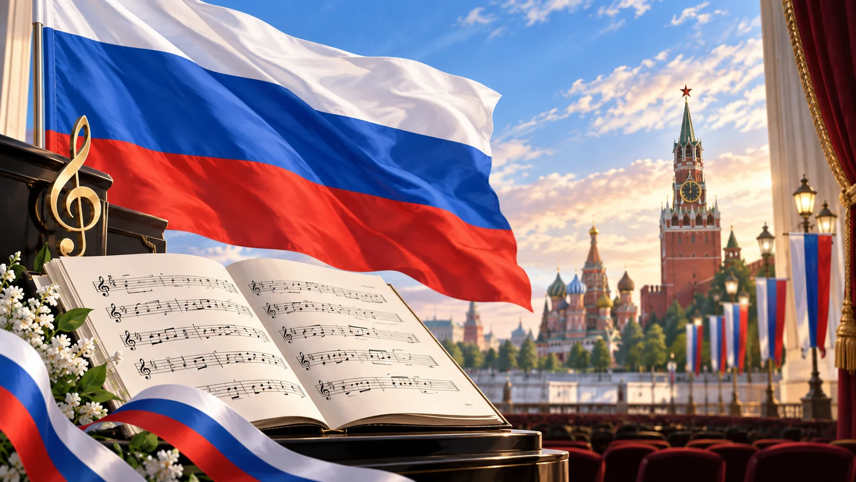 Государственный флаг России, ноты и торжественный музыкальный образ гимна