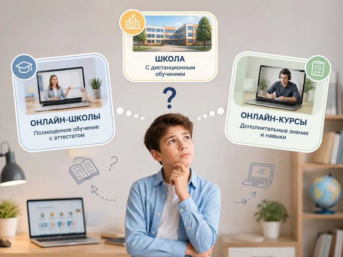 Ученик 7-8 класса выбирает между онлайн-школой, онлайн-курсами и школой с дистанционным обучением