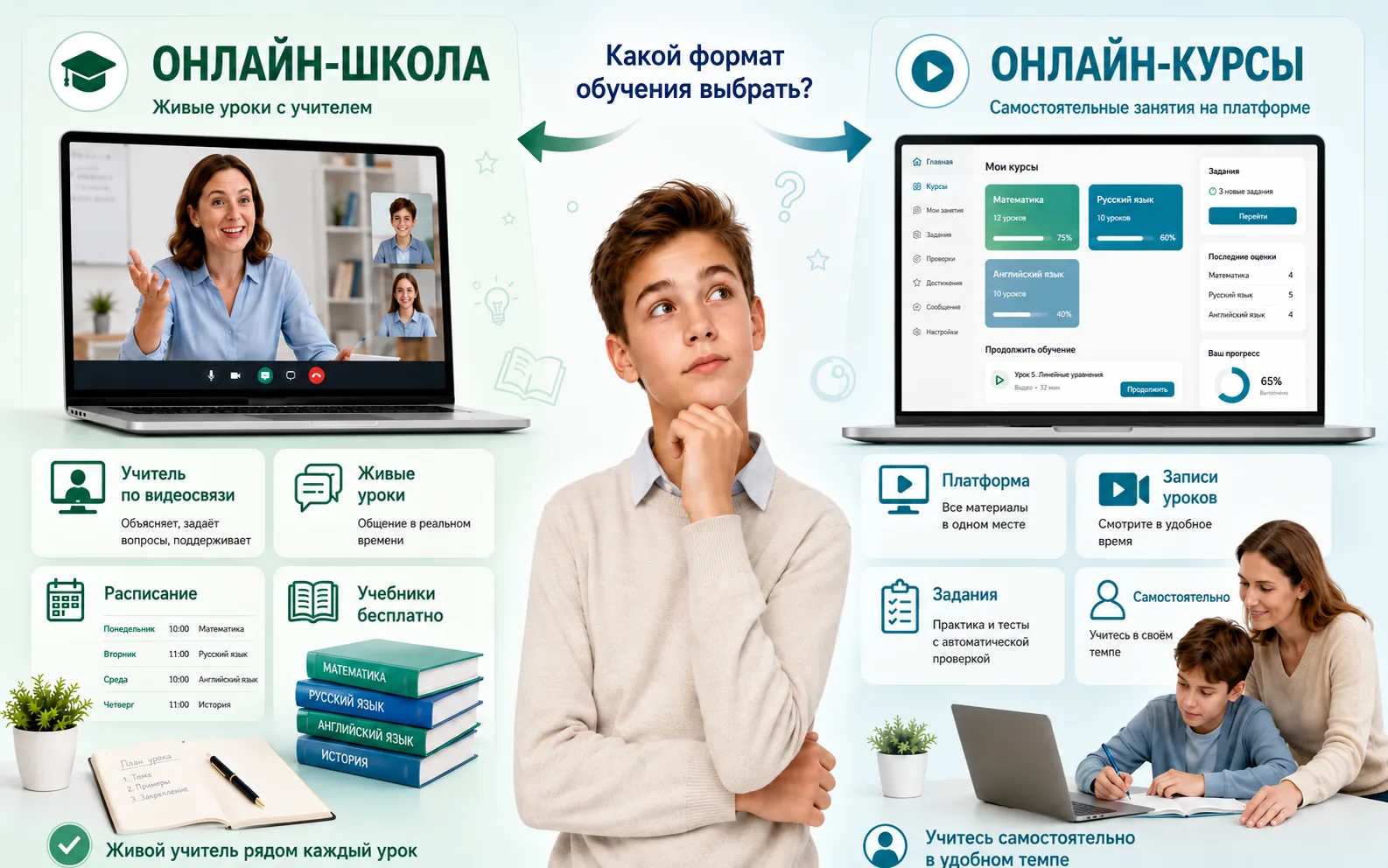 Сравнение лицензированной онлайн-школы с живыми уроками и онлайн-курсов на платформе