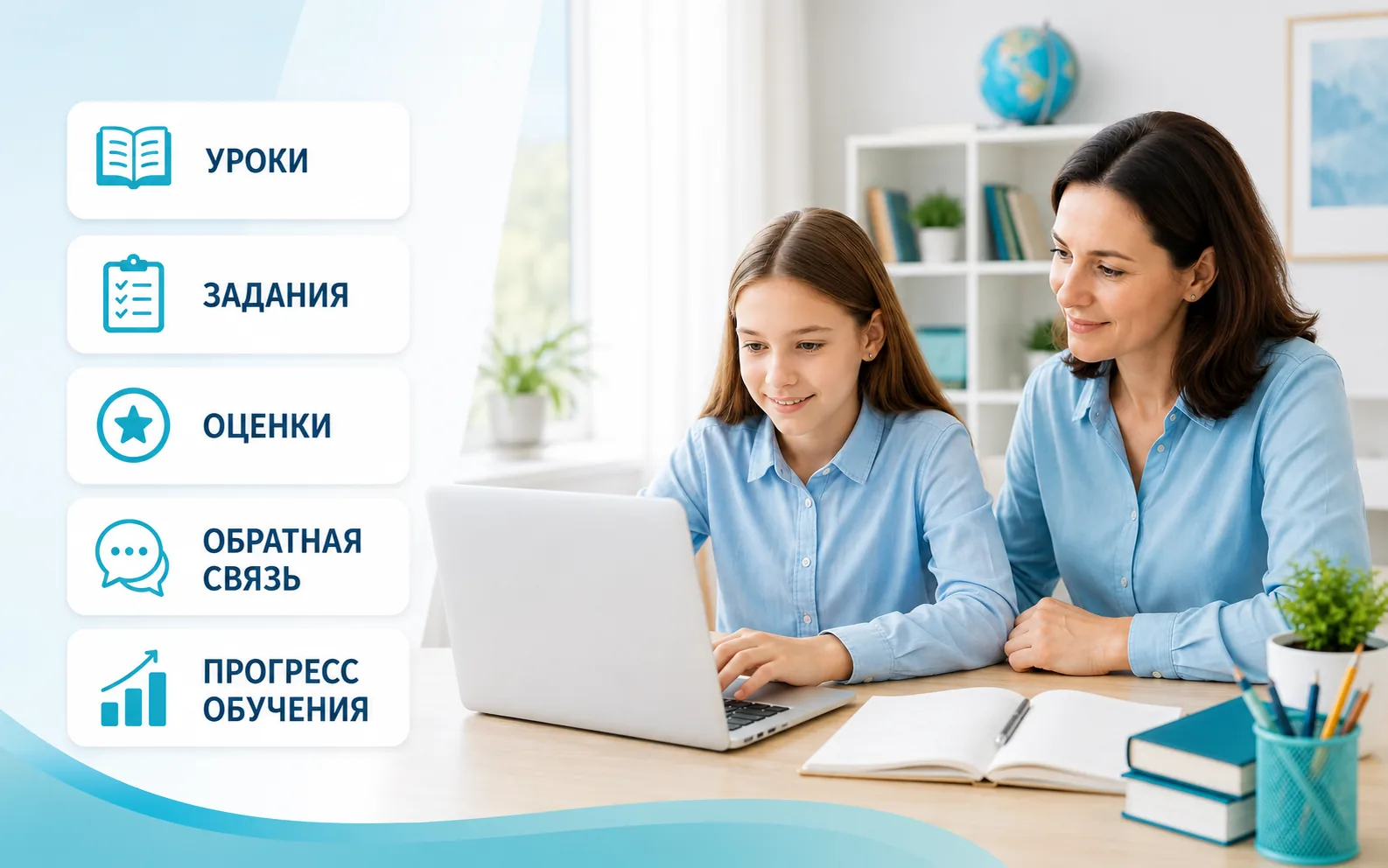 Родитель и школьница смотрят обучение в электронной среде: уроки, задания, оценки, обратная связь и прогресс обучения