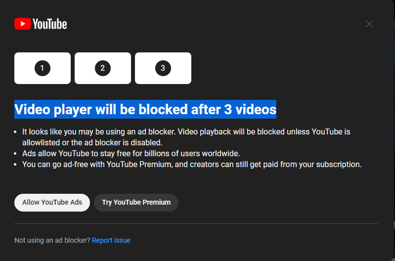 YouTube ограничит доступ для пользователей, блокирующих рекламу, тремя видео          