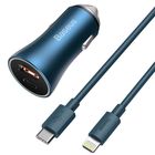 Превью-изображение №1 для товара «Автомобильное ЗУ Baseus Golden Dual Quick Charger Type-C+USB 40W with Type-C-Lightning Cable 1m Blue»