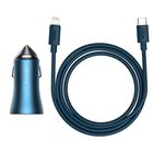 Превью-изображение №2 для товара «Автомобильное ЗУ Baseus Golden Dual Quick Charger Type-C+USB 40W with Type-C-Lightning Cable 1m Blue»