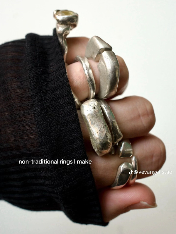 Non-traditional Brutalist style rings by artist Virginia Evangelista.