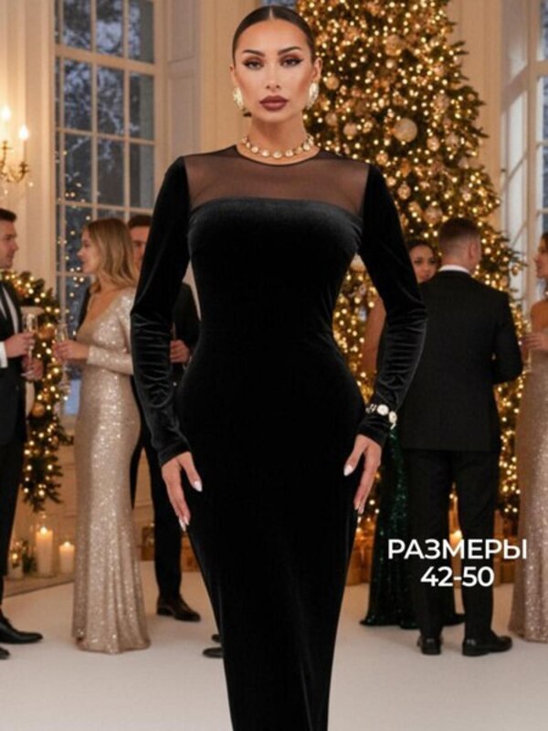 Dress Women's ARICLO black sheath Evening/holiday Long Velvet Mesh, Neckline, size 50 wedding Zipper tight-fitting Solid corrective effect, with a Midi neckline buy with delivery on OZON at a low price (3058568918)