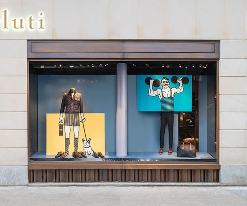 Window display for Berluti's Spring/Summer 2018 collection with illustrations by Thomas Cannone.