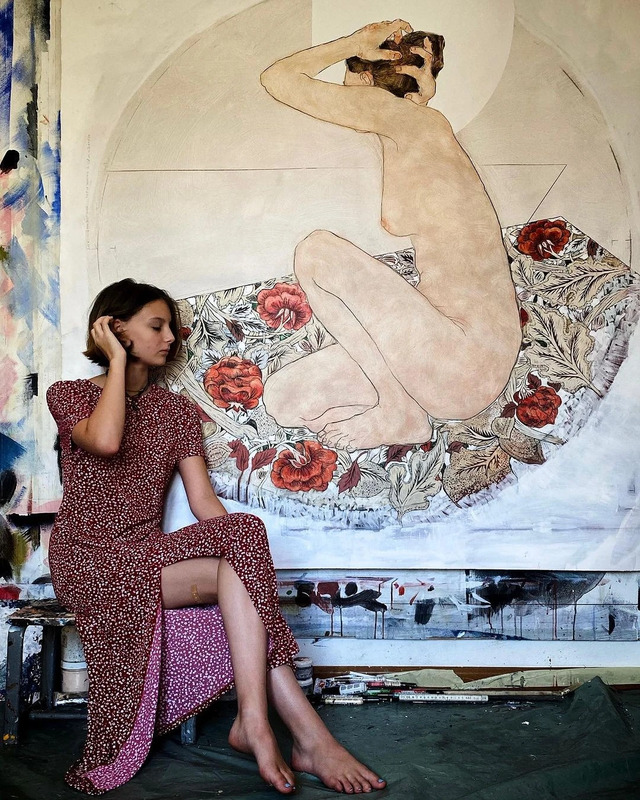 A painting titled Mother and Muse incorporates a pattern by designer William Morris.