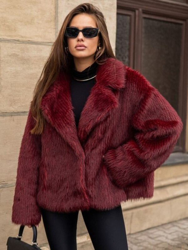 Faux fur coat for women VOLIA Pockets burgundy, burgundy melange English collar Wool, Polyester Long Synthetic, size 44 shortened Winter Hooks Alaska, bomber jacket buy with delivery on OZON at a low price (3049191729)