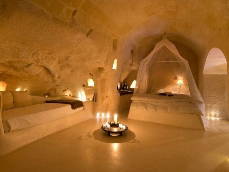 A suite at the Sant'Angelo Luxury Resort in the historic Sassi di Matera, Italy.
