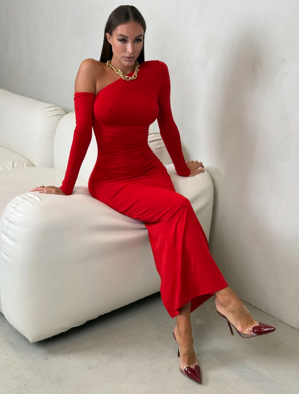 Off-shoulder draped dress, Nely look