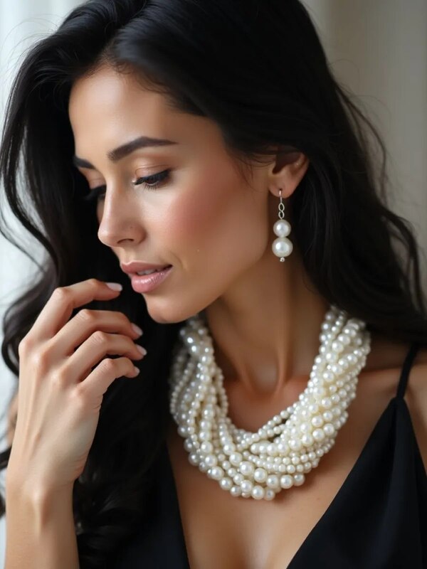 Set of pearl necklace and earrings jewelry, KAZARINOFF