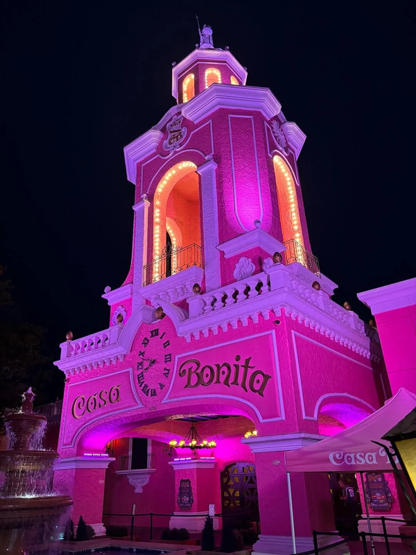 The exterior of Casa Bonita in Denver at night.