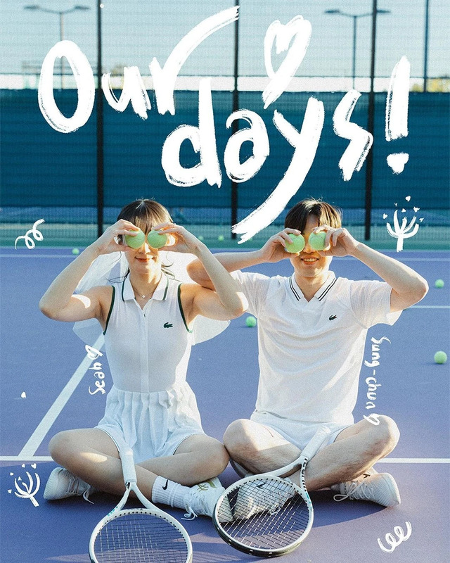 Our days!, a photo of Seah and Sung-chun on a tennis court for their wedding invitation.