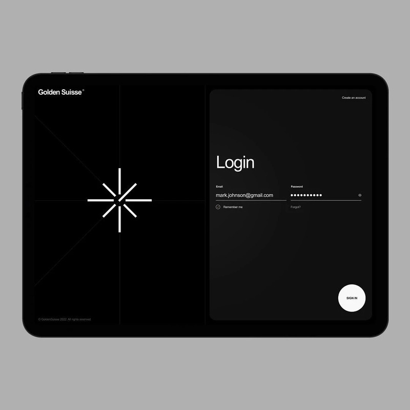 Login screen design for Golden Suisse, 2022.