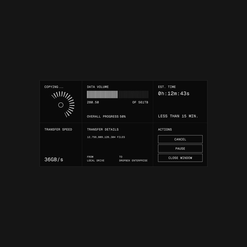 A terminal-style UI concept for a data transfer modal, designed by Steve Lauda.
