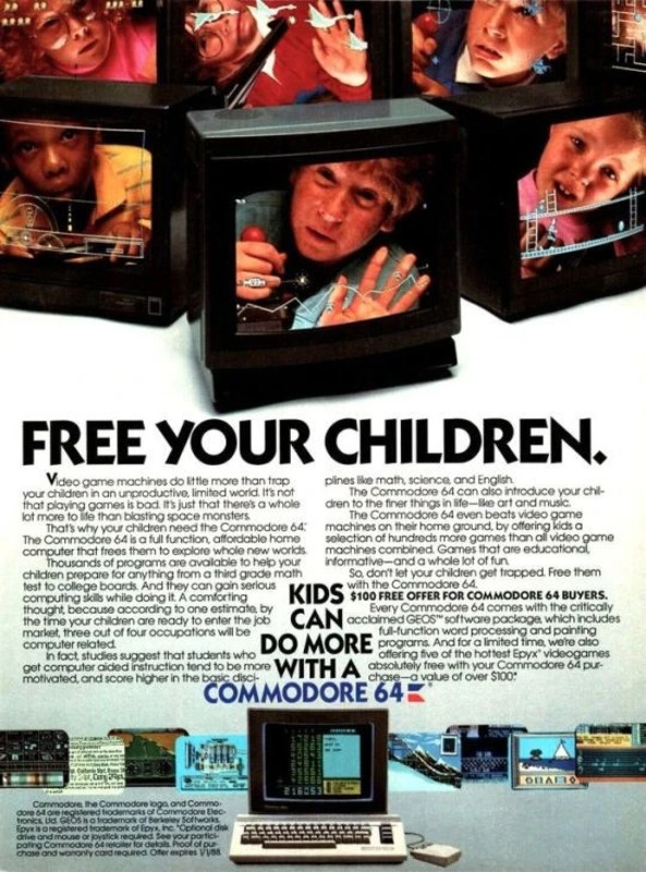 1987 print ad for the Commodore 64, offering free GEOS software and Epyx videogames.