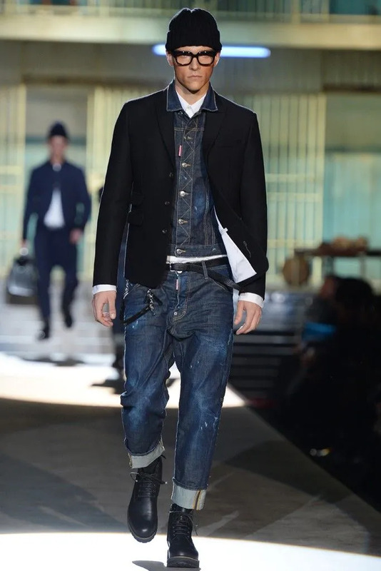 Dsquared2 Men's RTW Fall 2014 - Slideshow - Runway, Fashion Week, Fashion Shows, Reviews and Fashion Images - WWD.com Гик Шик, Мужская Мода Кэжуал, Винтажная Джинсовка, Мужские Джинсы, Брэд Питт, Мужские Повседневные Наряды, Мужской Костюм, Мужско...
