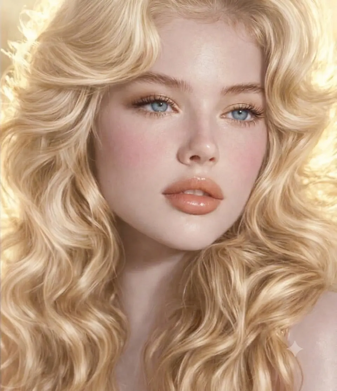 a woman with long blonde hair and blue eyes