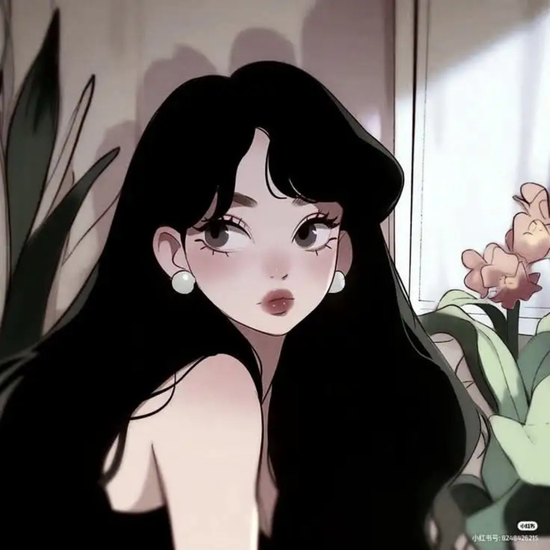 a woman with long black hair standing in front of a window next to a potted plant