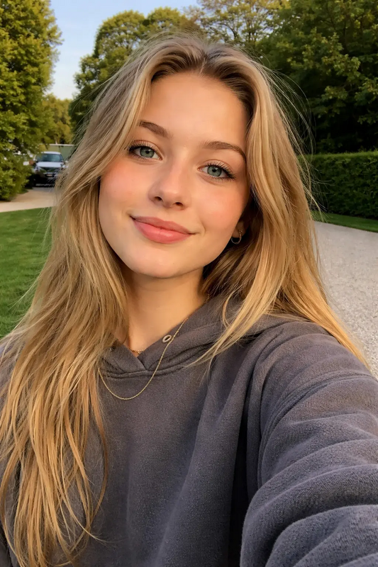 a woman taking a selfie with her cell phone in front of trees and grass