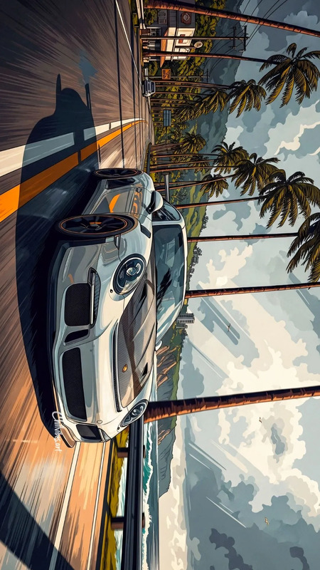 a car driving down a road next to palm trees