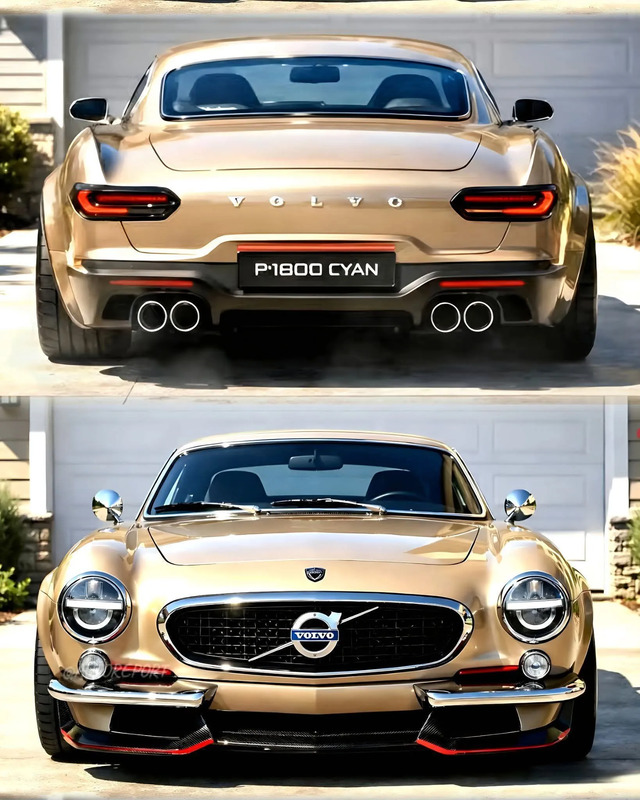 the front and side view of a gold sports car in two different photos, one showing the