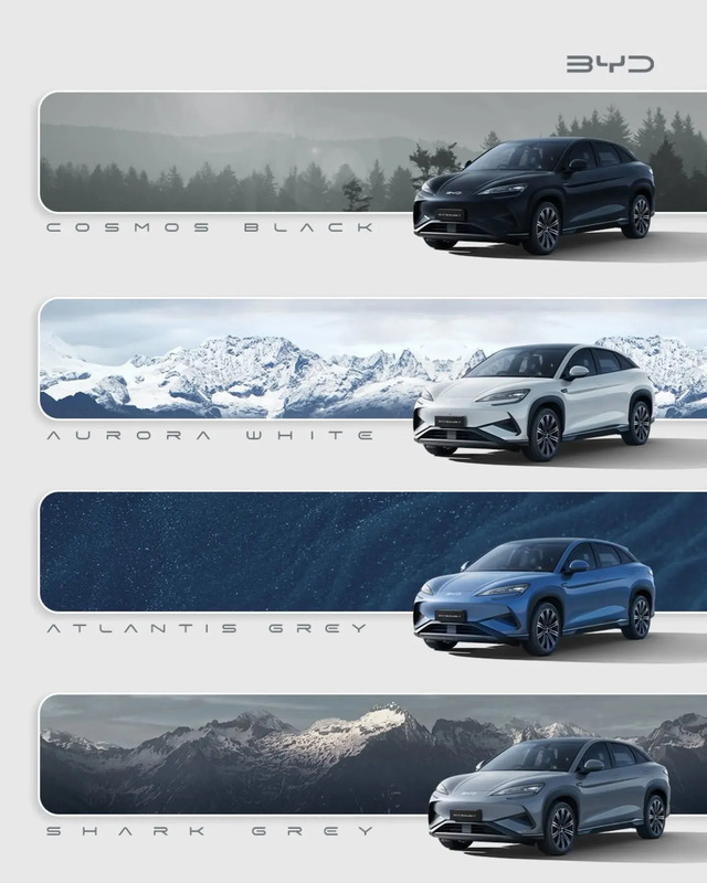 three different cars are shown side by side with mountains in the background and snow on the ground