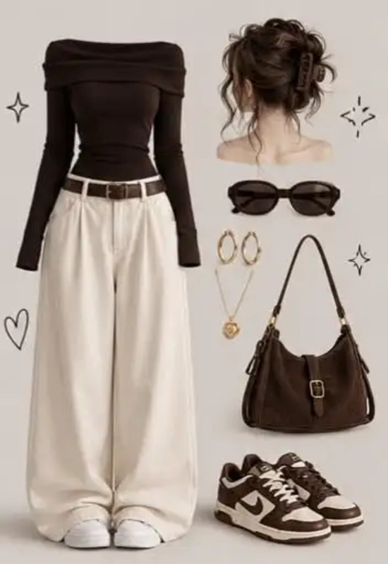 Create a chic everyday look with this stylish brown off-shoulder top, white wide-leg pants, matching sneakers, and elegant accessories. Perfect for casual outings, college, shopping, coffee dates, and street style fashion. A trendy outfit every fa...