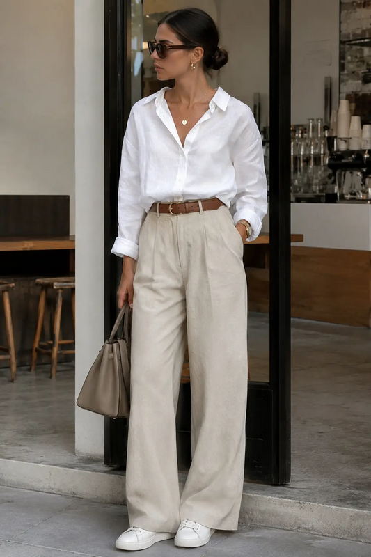 A timeless minimalist outfit featuring a crisp white linen button-down shirt tucked into high-waisted wide-leg beige linen trousers, styled with a tan leather belt, white sneakers, and a structured taupe handbag. Finished with sleek sunglasses, de...