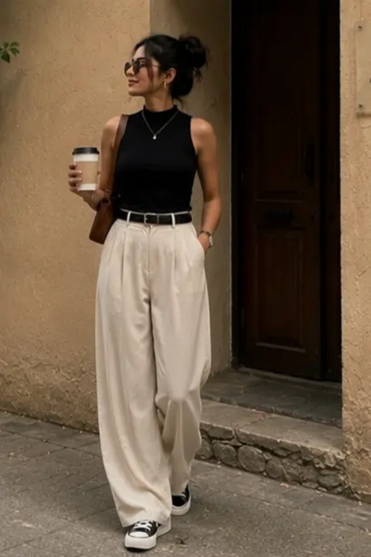 Upgrade your everyday wardrobe with this elegant black sleeveless top paired with cream wide-leg trousers. A timeless casual outfit that's perfect for coffee dates, brunch, city walks, travel, and smart everyday fashion. Save this minimalist style...