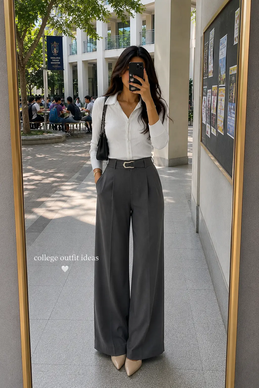 Save this casual college outfit idea for your next campus look! A classic white collared top paired with gray wide-leg trousers creates a clean, effortless style that's perfect for lectures, internships, and everyday college wear. Perfect for coll...