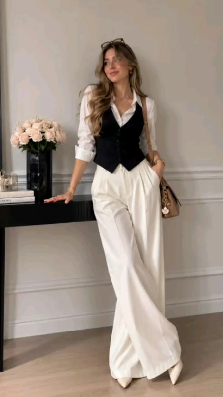 a Fitted white shirt which can be paired separately with a white cream color trouser and a pair of pointed white heels to complete the look perfect office wear , formal outfit , chic style , formal dress code Office Style 2026, White Pants Look...