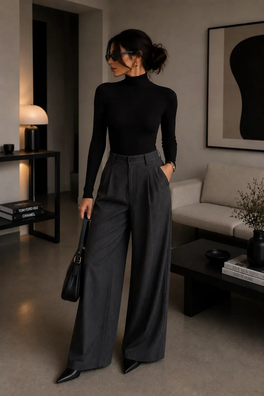 Woman wearing a fitted black ribbed turtleneck with charcoal gray wide-leg trousers, black pointed heels, oversized sunglasses, and a black handbag in a modern minimalist living room.
