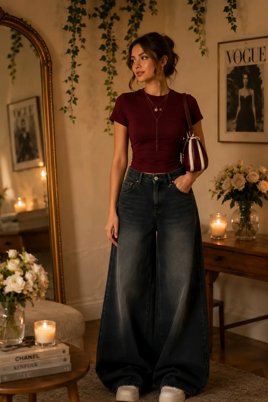 Elevate your everyday style with this effortlessly chic outfit featuring a fitted burgundy baby tee paired with oversized dark wash wide-leg jeans. Finished with layered gold jewelry and a matching shoulder bag, this cozy, Pinterest-inspired look ...