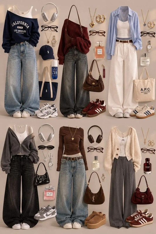A collage showing six different flat-lay style women's casual outfits. The outfits feature wide-leg denim jeans, baggy trousers, oversized sweaters, a zippered hoodie, a button-down shirt, and cozy cardigans. Each look is neatly paired with coordi...