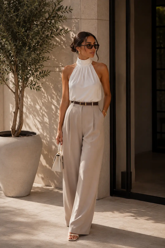 Elevate your wardrobe with this timeless neutral outfit featuring tailored wide-leg trousers, a sophisticated halter top, elegant accessories, and effortless styling. Perfect for business casual, office chic, luxury fashion lovers, and anyone who...